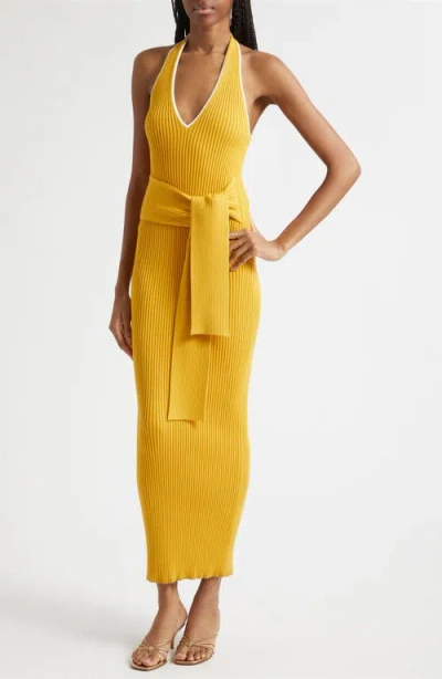 Toccin Allegra V-neck Tie-front Halter Midi Dress In Orange