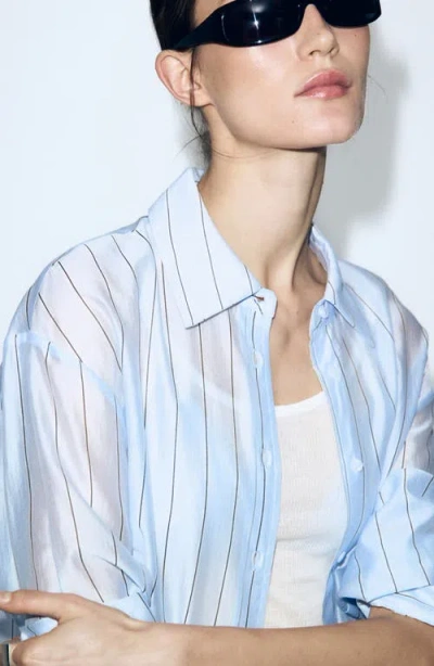 Mango Stripe Sheer Button-up Shirt In Blue