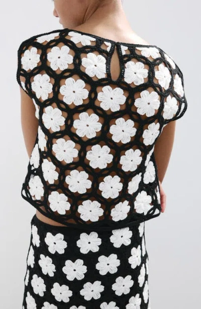 Mango Flower Embellished Openwork Sweater In Black