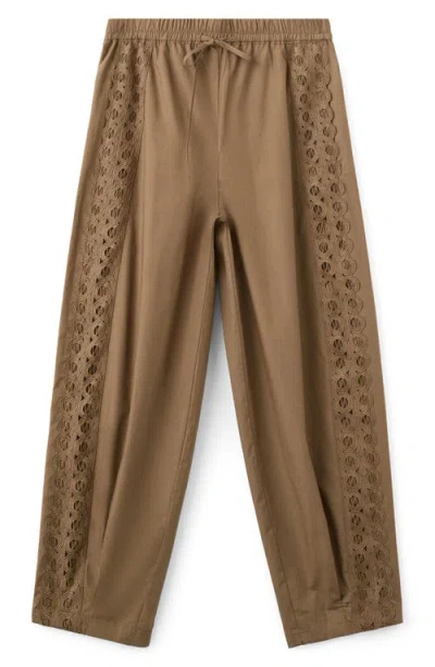 Mango Embroidered Side Stripe Cotton Drawstring Pants In Brown