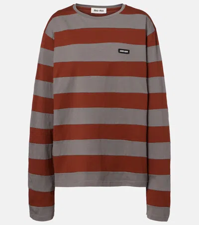 Miu Miu Cotton T-shirt With Striped Pattern In Brown