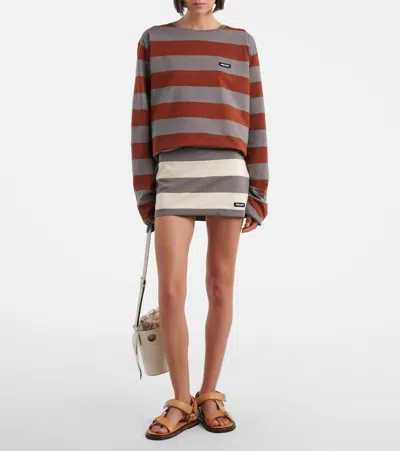 Miu Miu Cotton T-shirt With Striped Pattern In Brown