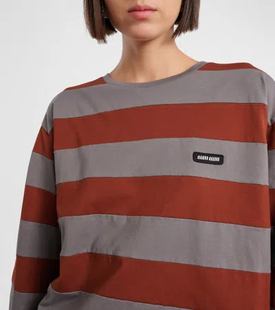 Miu Miu Cotton T-shirt With Striped Pattern In Brown