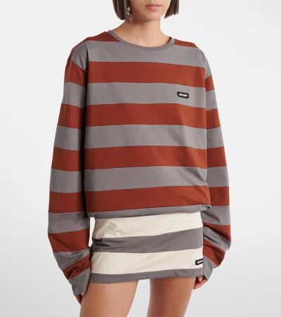 Miu Miu Cotton T-shirt With Striped Pattern In Brown