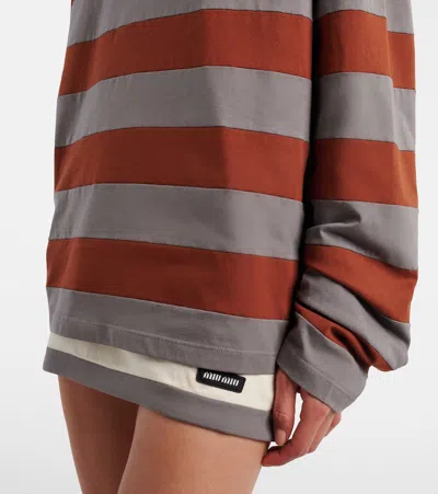 Miu Miu Cotton T-shirt With Striped Pattern In Brown