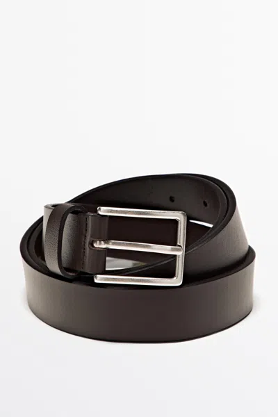 Massimo Dutti Nappa Leather Belt With Rectangular Buckle In Black