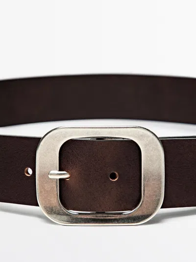 Massimo Dutti Nappa Leather Belt With Rectangular Buckle In Brown