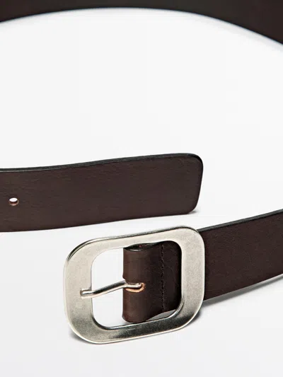 Massimo Dutti Nappa Leather Belt With Rectangular Buckle In Brown