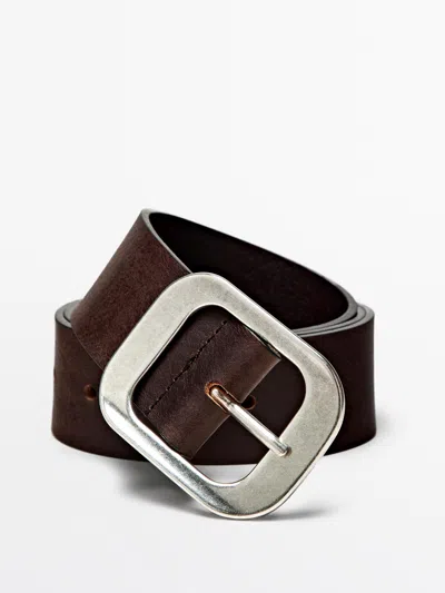 Massimo Dutti Nappa Leather Belt With Rectangular Buckle In Brown