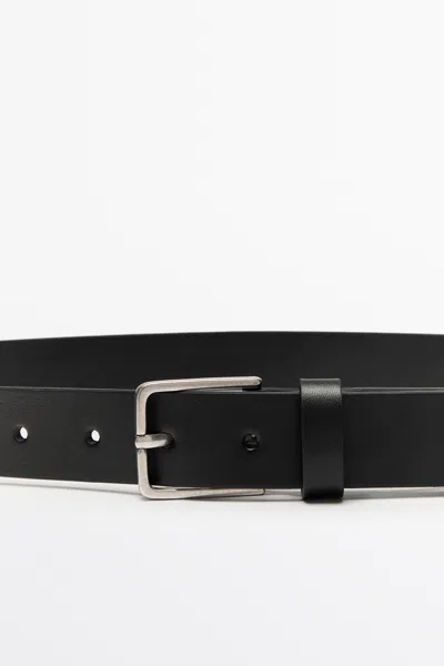 Massimo Dutti Nappa Leather Belt With Rectangular Buckle In Black