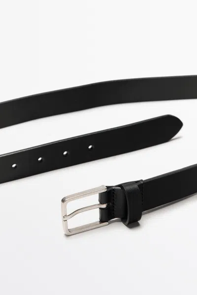 Massimo Dutti Nappa Leather Belt With Rectangular Buckle In Black