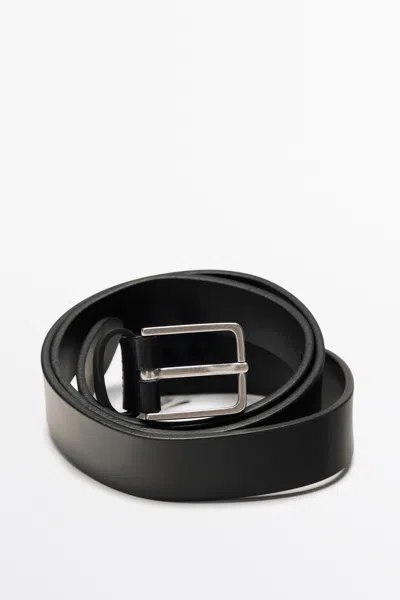 Massimo Dutti Nappa Leather Belt With Rectangular Buckle In Black
