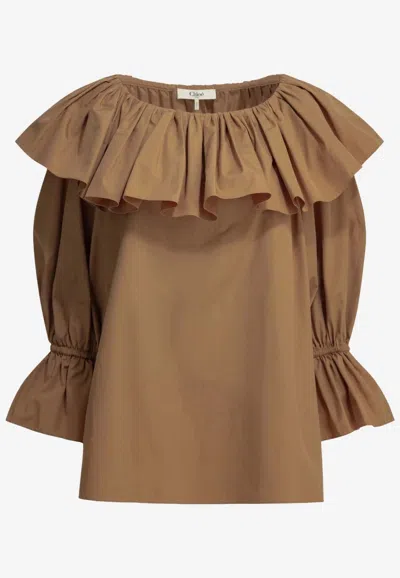 Chloé Ruffled Cotton Blouse With Drawstring Cuffs For Women In Brown