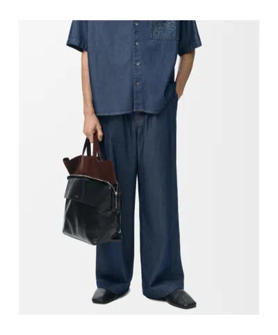 Loewe Drawstring Chambray Trousers In Blue