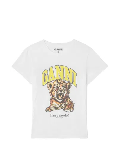 Ganni Organic Cotton T-shirt With Front Print In White