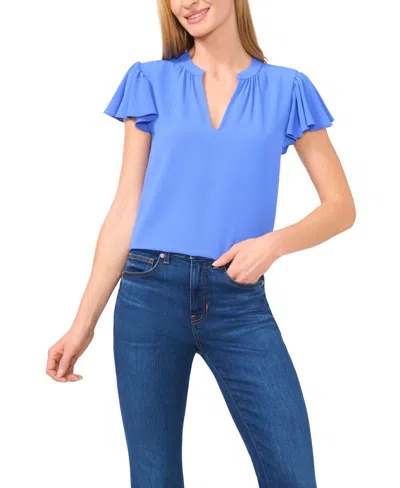 Cece Split Neck Flutter Sleeve Top In Blue