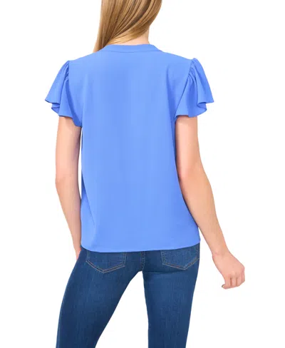 Cece Split Neck Flutter Sleeve Top In Blue