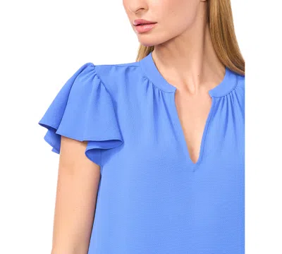 Cece Split Neck Flutter Sleeve Top In Blue