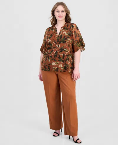 Anne Klein Essentials Plus Size Split-neck Ruffled-cuff Top In Multi