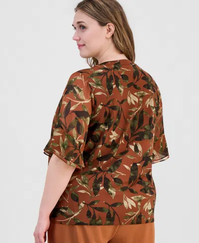 Anne Klein Essentials Plus Size Split-neck Ruffled-cuff Top In Multi