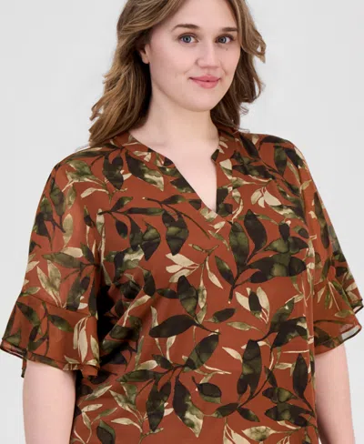 Anne Klein Essentials Plus Size Split-neck Ruffled-cuff Top In Multi