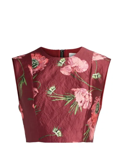 Erdem Floral-print Crinkled Satin Cropped Top In Burgundy
