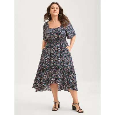 Bloomchic Micro Floral Shirred Asymmetrical Midi Dress In Gray