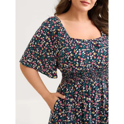 Bloomchic Micro Floral Shirred Asymmetrical Midi Dress In Gray