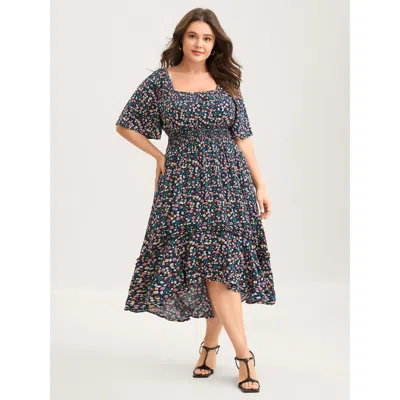 Bloomchic Micro Floral Shirred Asymmetrical Midi Dress In Gray