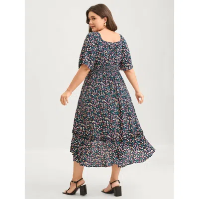 Bloomchic Micro Floral Shirred Asymmetrical Midi Dress In Gray