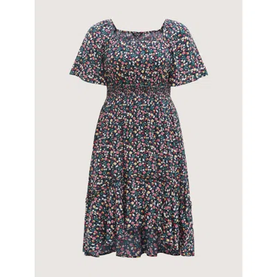 Bloomchic Micro Floral Shirred Asymmetrical Midi Dress In Gray