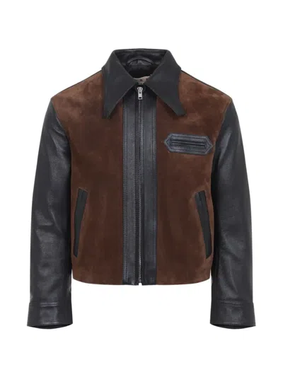 Marni Black Leather Jacket With Split-leather Front Panel In Black
