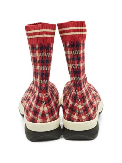 Pre-owned Fendi Check-pattern Knit Sneakers In Red