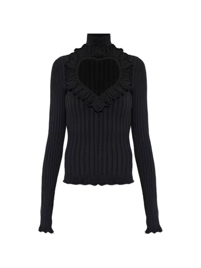 Balenciaga Cotton Rib Knit Heart Cutout Sweater In Black