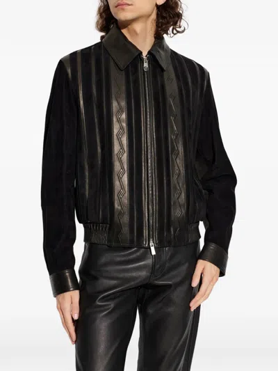 Versace Greca-embossed Panelled Jacket In Black