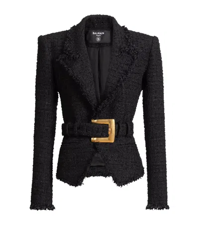 Balmain Tailored Jacket Belted Waist Gold Tone Buckle In Black