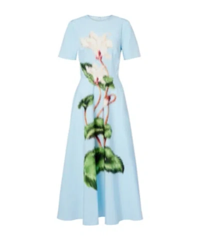 Oscar De La Renta Short Sleeve Chine Cyclamen Poplin Day Dress In Blue