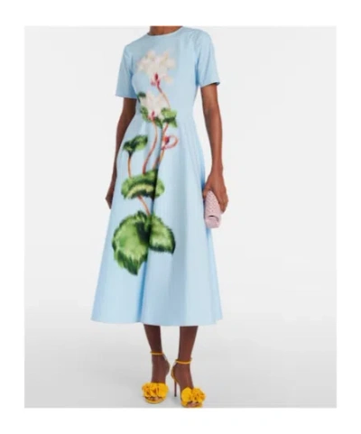 Oscar De La Renta Short Sleeve Chine Cyclamen Poplin Day Dress In Blue