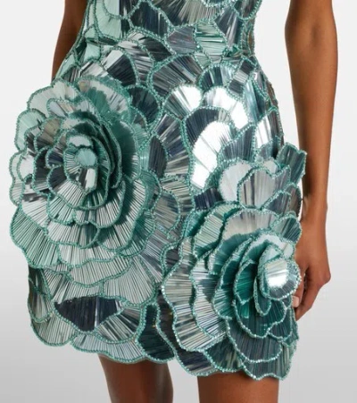 Oscar De La Renta Sequined Geometric Floral Cocktail Mini Dress In Green