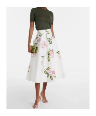 Oscar De La Renta Porcelain Flowers Stretch Cotton Poplin A-line Midi Skirt In Multi