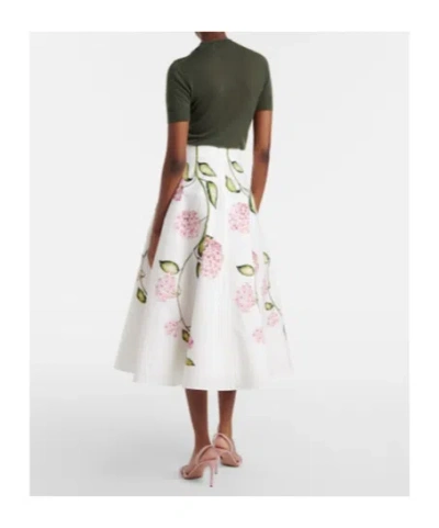 Oscar De La Renta Porcelain Flowers Stretch Cotton Poplin A-line Midi Skirt In Multi