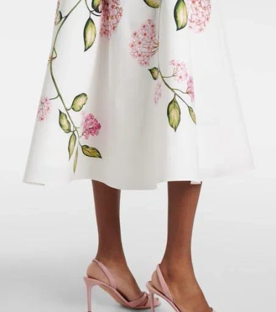 Oscar De La Renta Porcelain Flowers Stretch Cotton Poplin A-line Midi Skirt In Multi