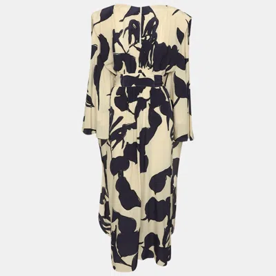 Pre-owned Johanna Ortiz Light Beige/dark Blue Printed Silk Ancient Tropics Removable Sleeve Maxi Dress S In Sand