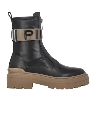 Pinko Leather Combat Boots With Branded Front Stretch Ribbon In Black