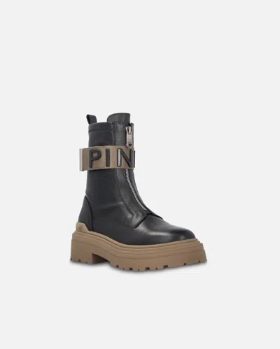 Pinko Leather Combat Boots With Branded Front Stretch Ribbon In Black