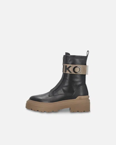 Pinko Leather Combat Boots With Branded Front Stretch Ribbon In Black