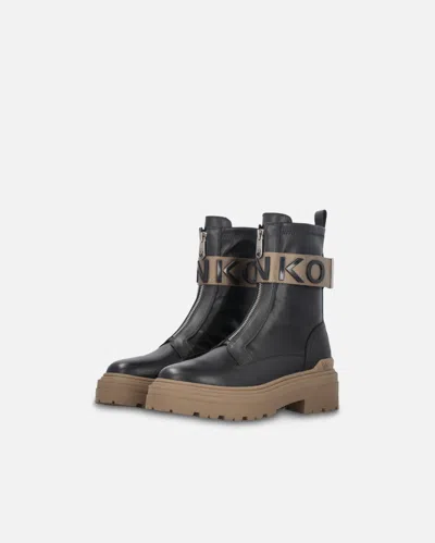Pinko Leather Combat Boots With Branded Front Stretch Ribbon In Black
