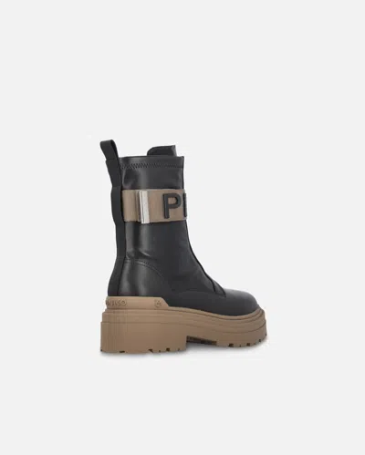 Pinko Leather Combat Boots With Branded Front Stretch Ribbon In Black