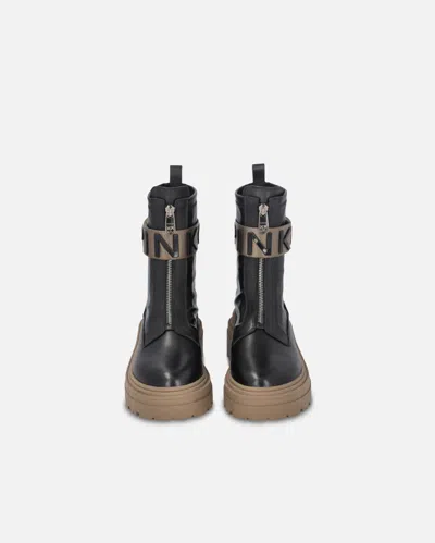Pinko Leather Combat Boots With Branded Front Stretch Ribbon In Black