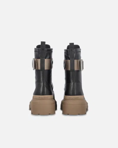 Pinko Leather Combat Boots With Branded Front Stretch Ribbon In Black